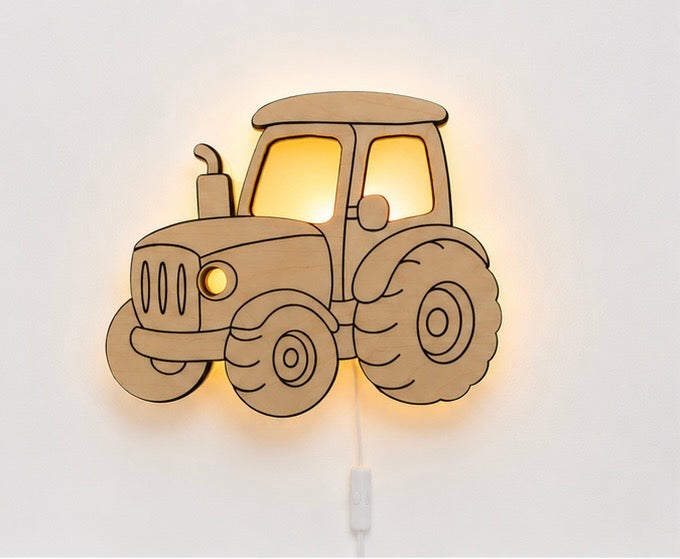 Houten Tractor Wandlamp – LED Nachtlamp voor Baby- en Kinderkamer