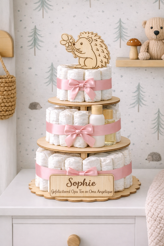 Luiertaart Egel Roze - Gepersonaliseerd