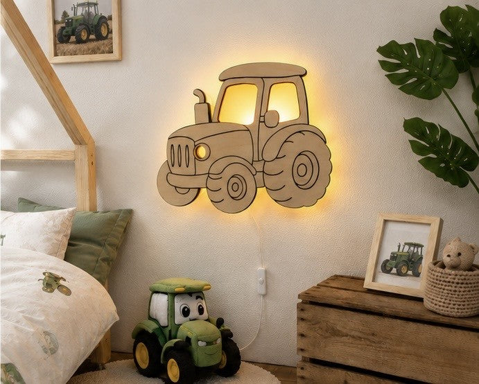 Houten Tractor Wandlamp – LED Nachtlamp voor Baby- en Kinderkamer