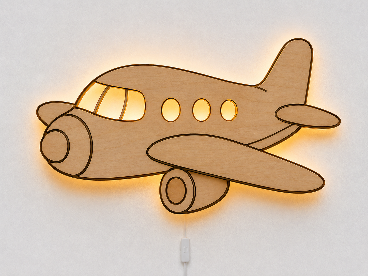Houten vliegtuig wandlamp met LED verlichting en verlichte cockpit- en passagiersramen voor de kinderkamer.