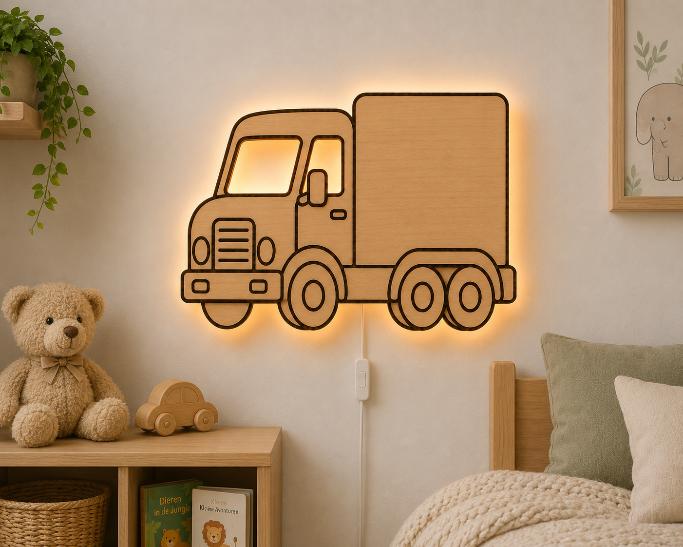 Houten Vrachtwagen Wandlamp met Naam – Kinderkamer & Babykamer