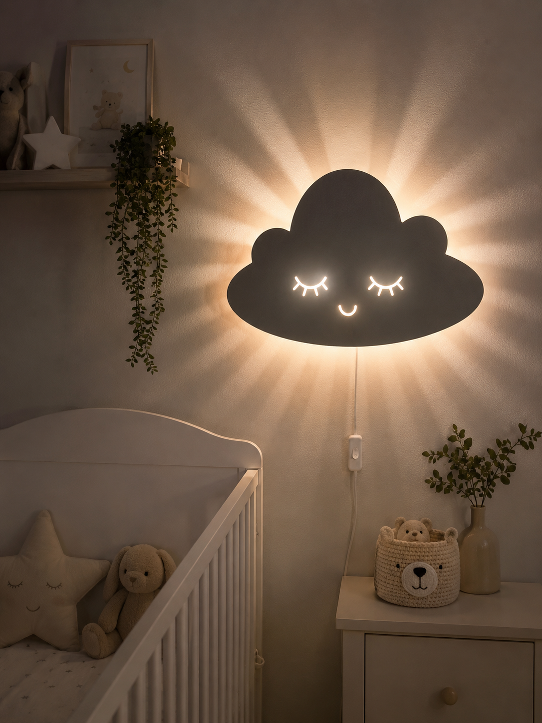 Houten Wolk Wandlamp met Verlichte Oogjes en Mondje – Sfeervolle LED Wandlamp