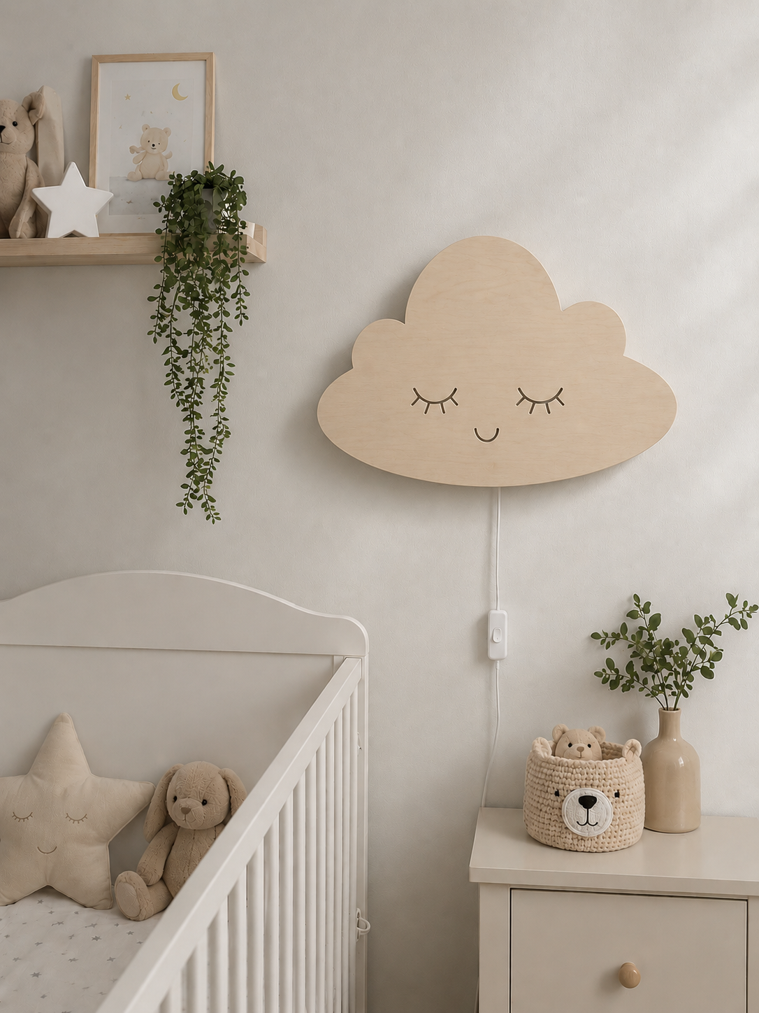 Houten Wolk Wandlamp met Verlichte Oogjes en Mondje – Sfeervolle LED Wandlamp