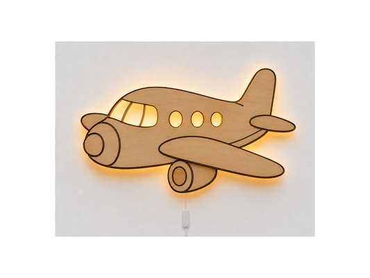 Houten Vliegtuig Wandlamp met LED Verlichting – Kinderkamer & Babykamer – 38,5 x 23 cm